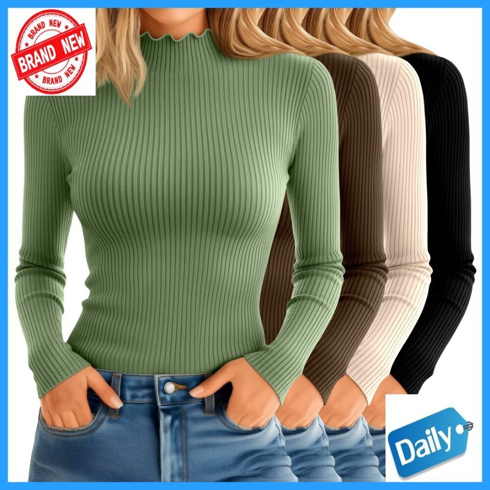 4 Pack Slim Fit Mock Turtleneck Long Sleeve Tops Ribbed Lettuce Trim Thermal